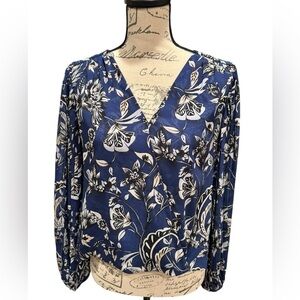 WHBM Blouse Balloon Sleeve Blue Floral Women’s Size 6P